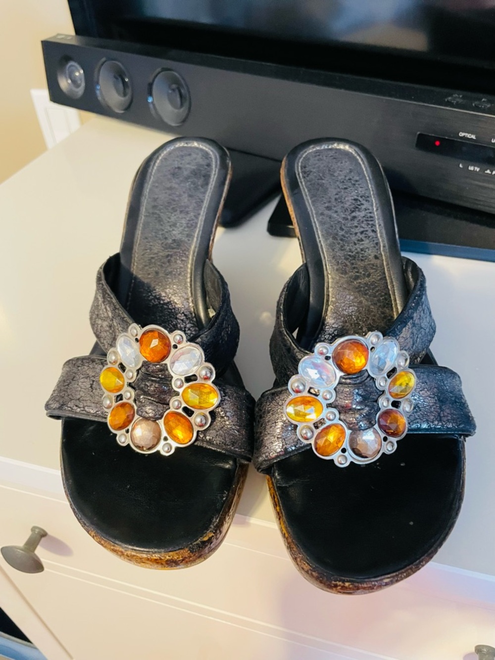 Black Metallic Wedge Sandals with Amber Jewel Accent